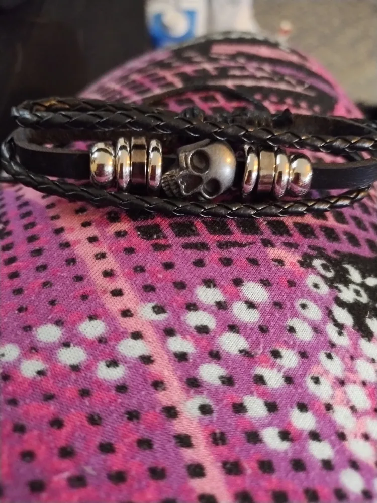 Men's Black Leather Bracelet with Skull Charm image indicator(2)