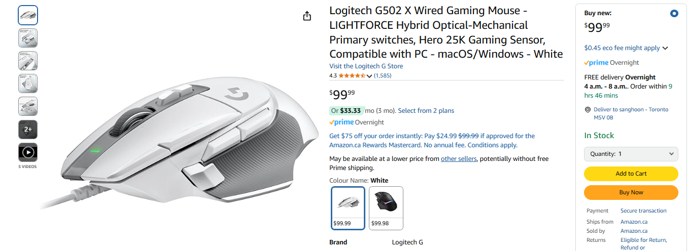 Logitech G502 X Wired Gaming Mouse - White