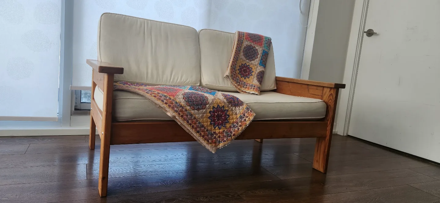 Rustic Wooden Loveseat with Washable Cushions thumbnail