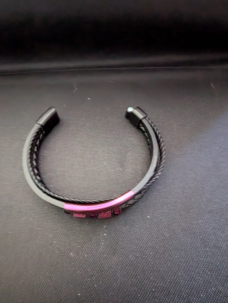 Men's Black Leather Bracelet with Purple Accent image indicator(2)