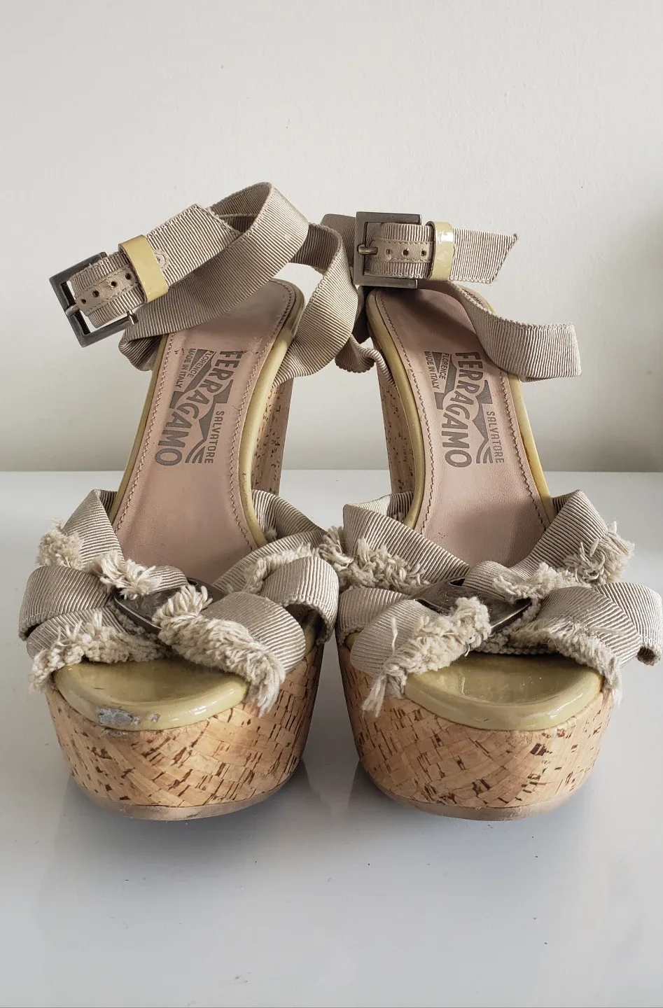 Ferragamo Wedge Heel Sandals - Cork Leather Fringe Strappy image indicator(2)