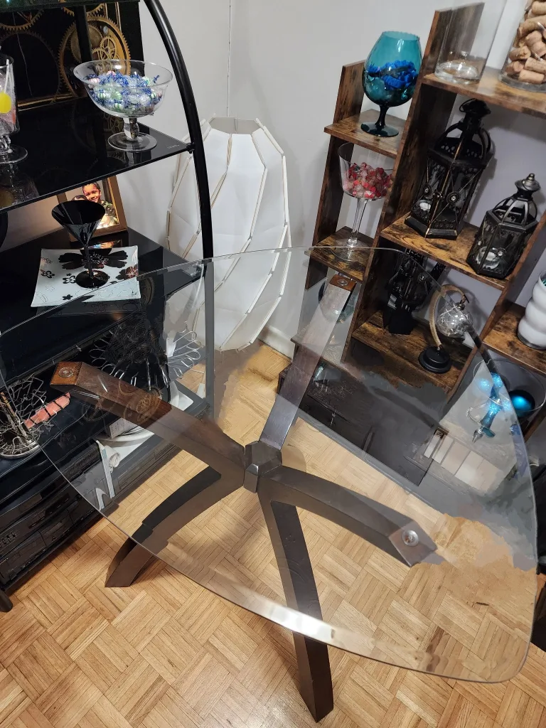 Unique Glass-Top Tall Dining Table with Dark Wood Base image indicator(3)