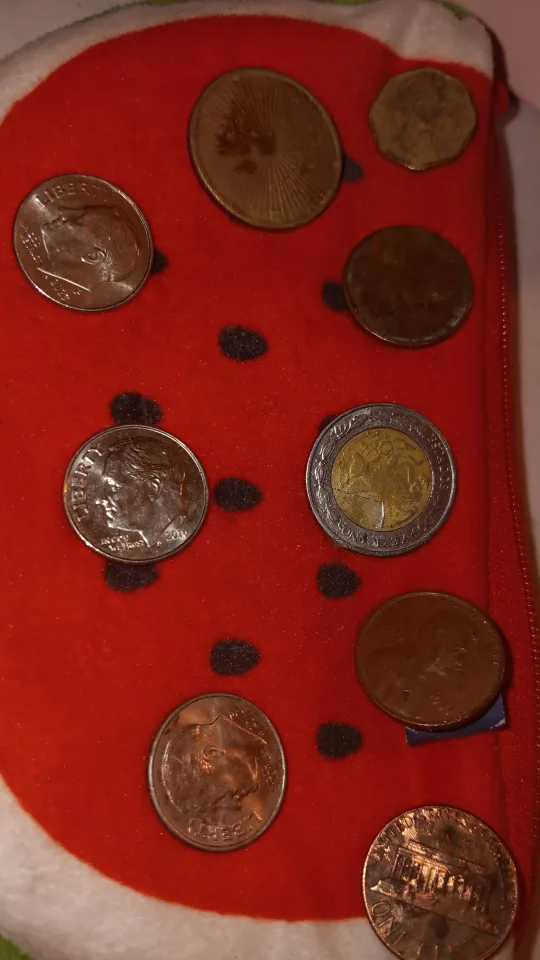 Collection of Foreign and US Coins in Watermelon Coin Purse image indicator(2)