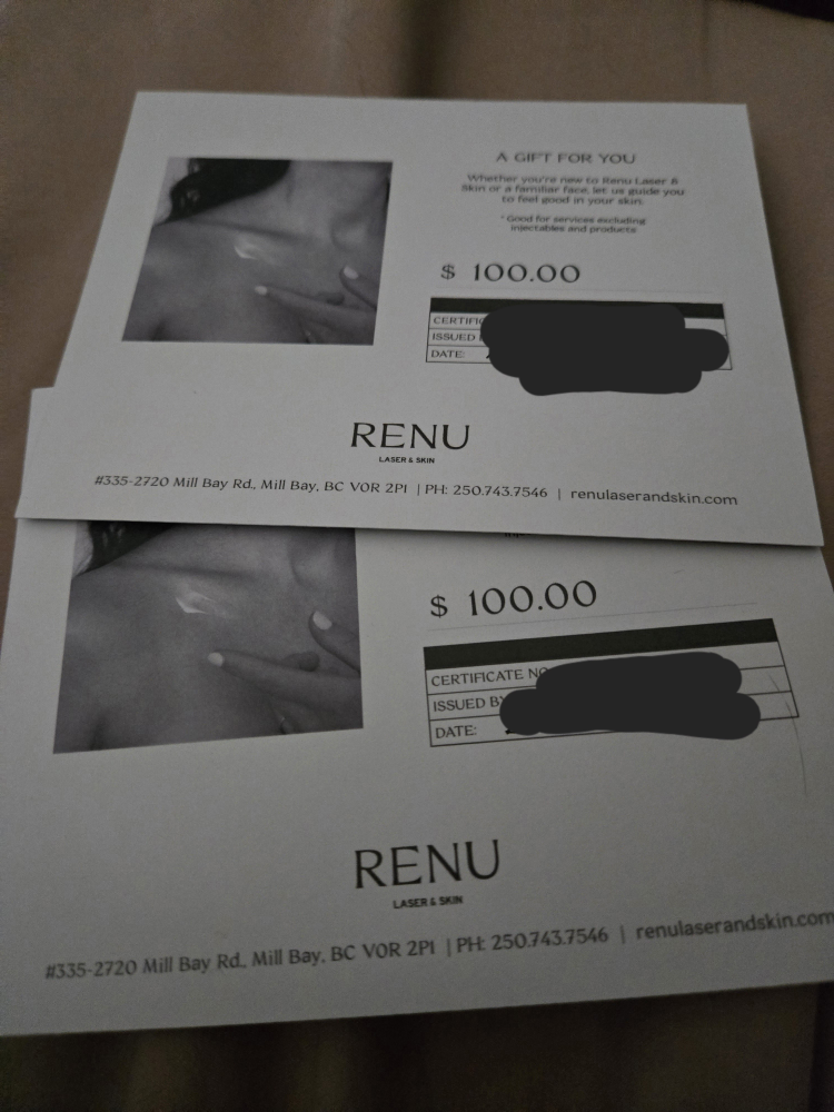 Two $100 Renu Laser & Skin Gift Certificates