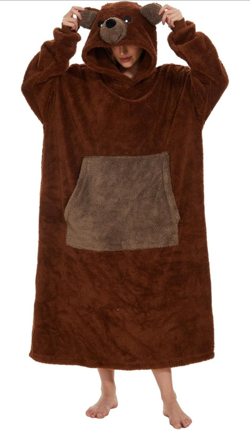 Brown Bear Hooded Blanket Sweatshirt, One Size Fits All