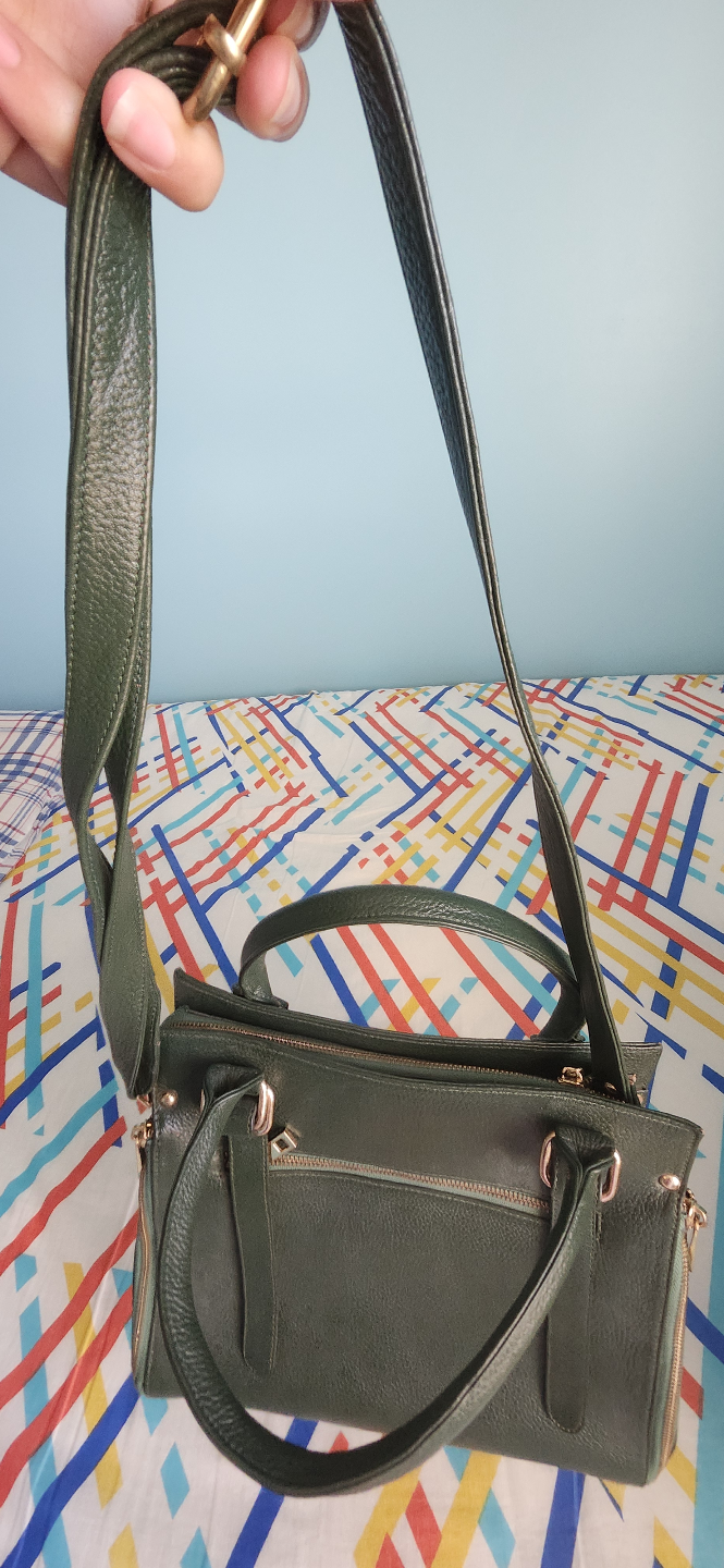 Dark Green Leather Handbag with Shoulder Strap