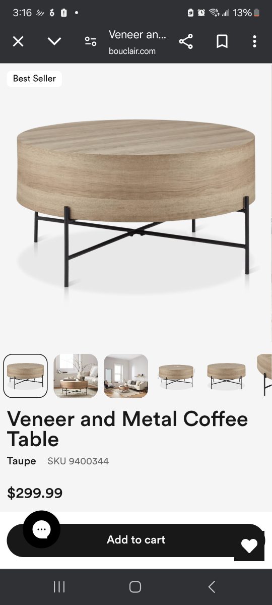 Bouclair Taupe Veneer and Metal Coffee Table