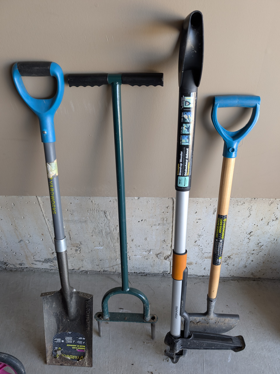 Yardworks Shovel, Fiskars Stand-up Weeder,  Edger and Aerator