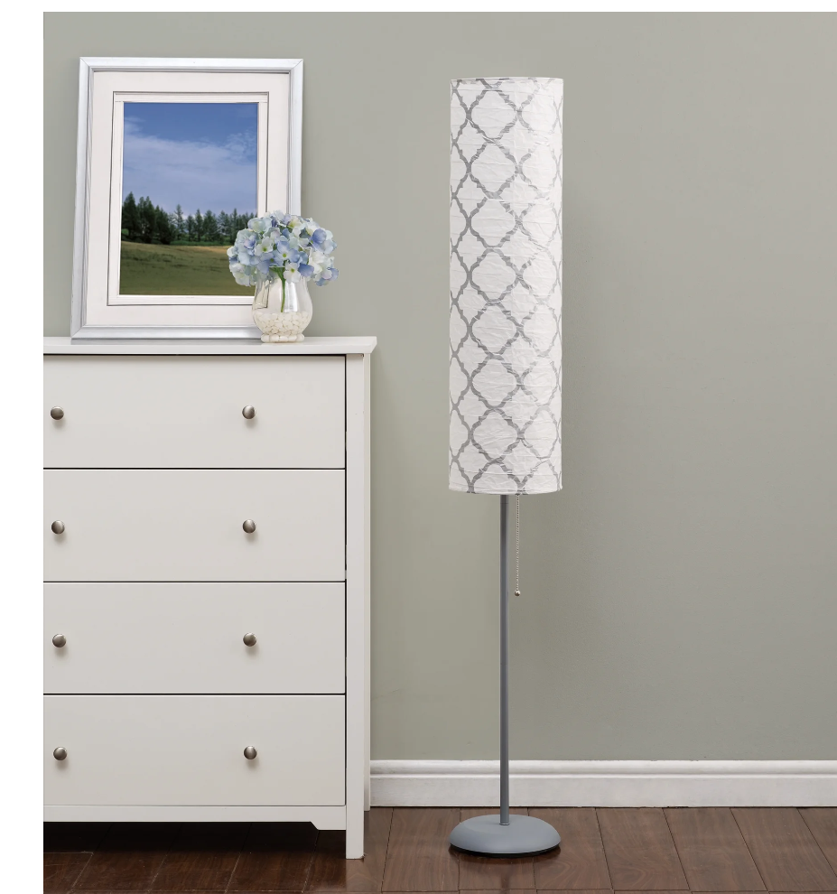 Floor Lamp with Grey Metal Stand and White Patterned Shade