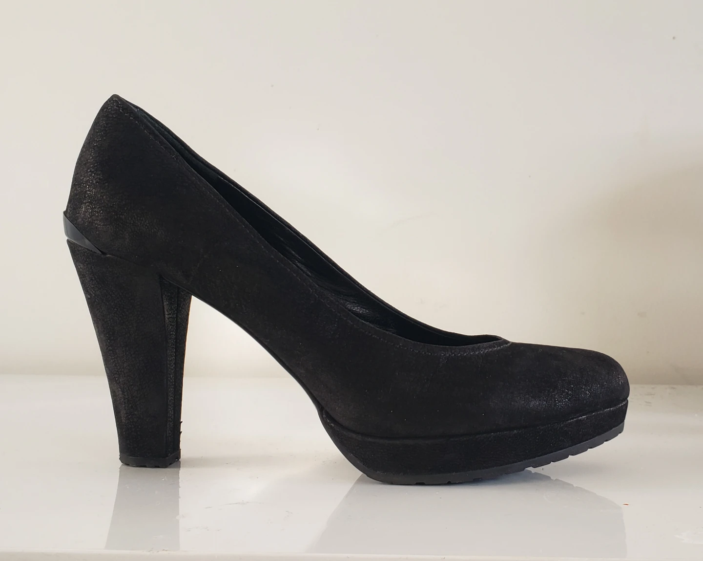 Prada Suede Leather Black Heels w Metal Heelplate Detail
