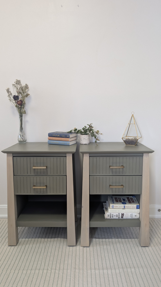 Refinished Nightstand Set - Wood + Sage Green