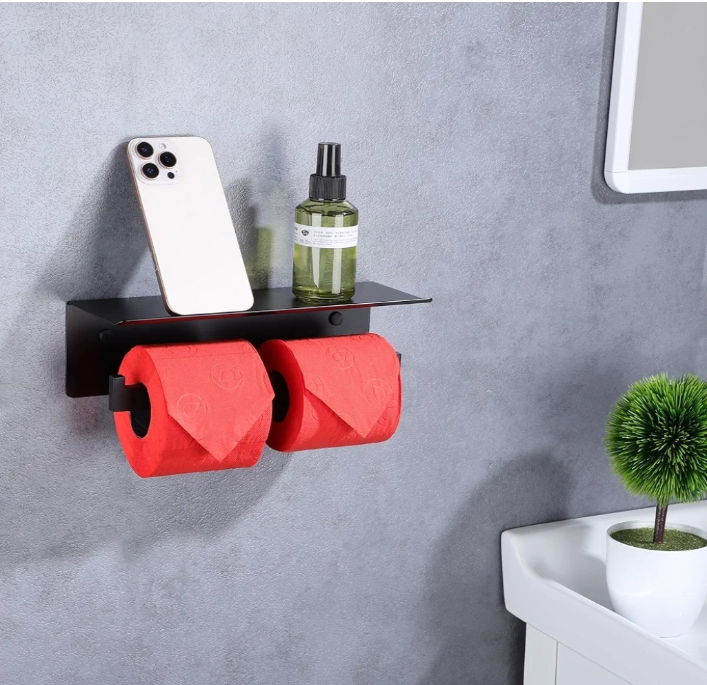 Black Double Toilet Paper Roll Holder with Shelf