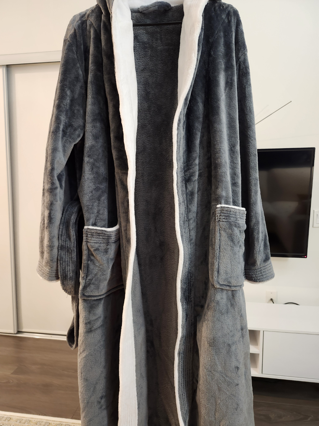 Grey hooded fleece bathrobe
