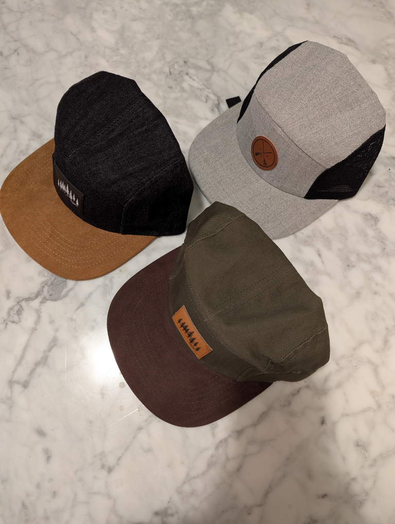 3 Five Panel Hats -  Black, Grey, and Olive Green