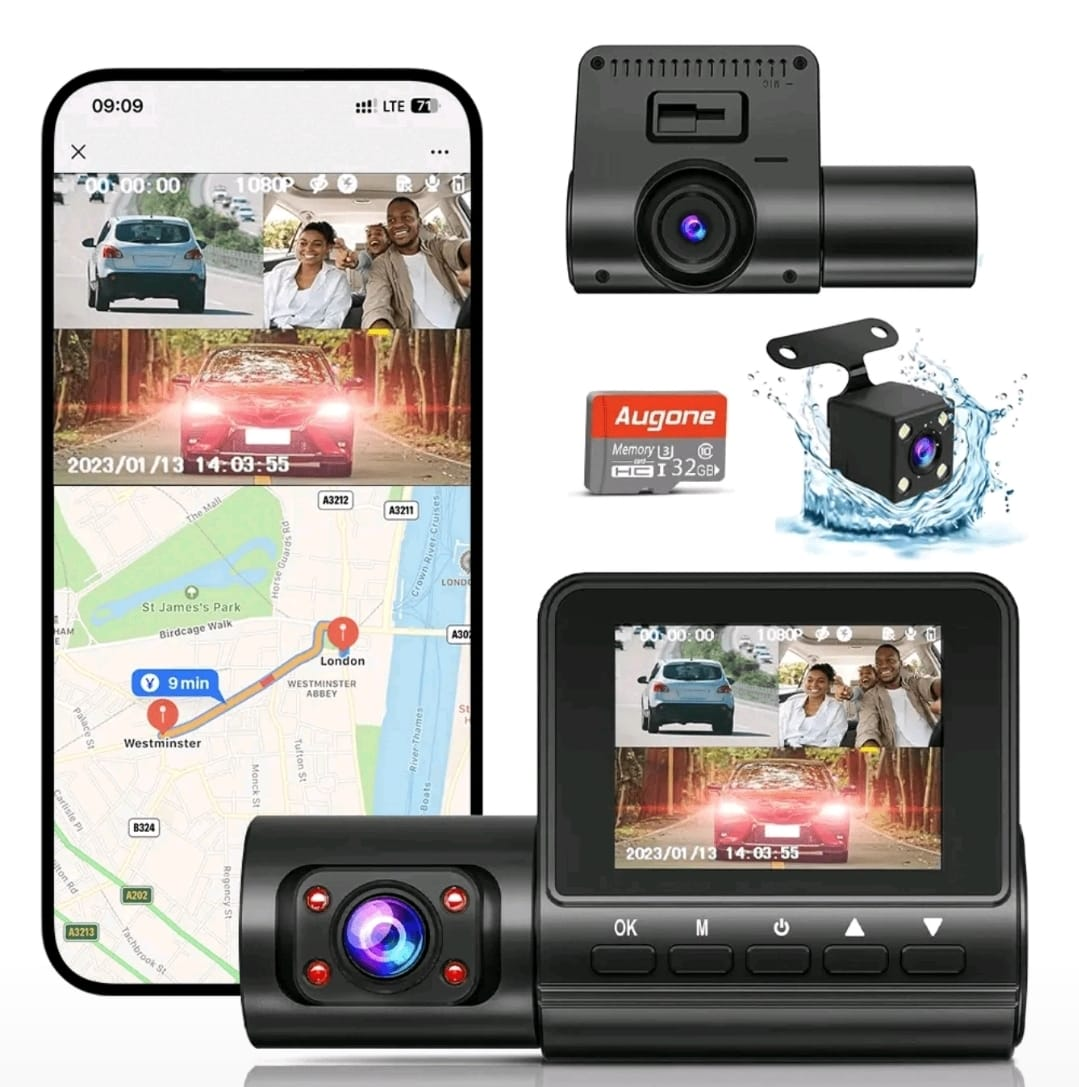 Triple Lens 4K Dash Cam with 32GB Card – 170° Wide Angle