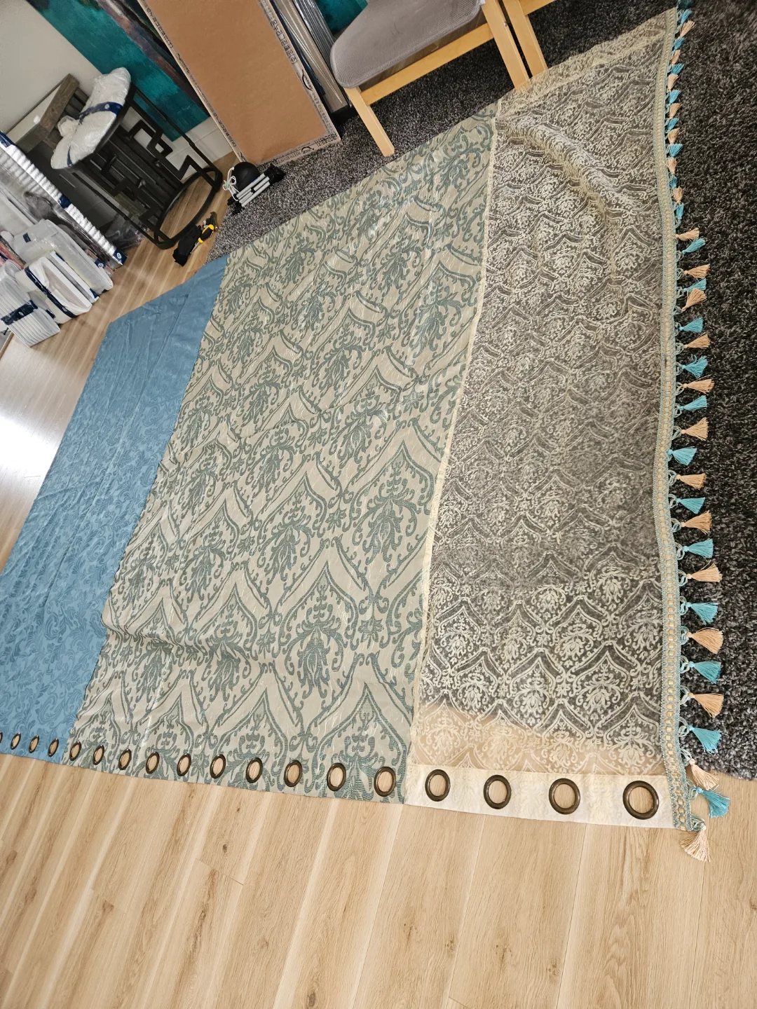 Beautiful Teal and Beige Curtains with Tassels thumbnail