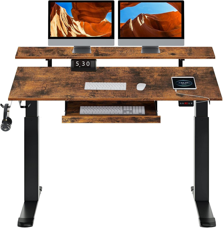 Electric Standing Desk with Dual Monitor Shelf