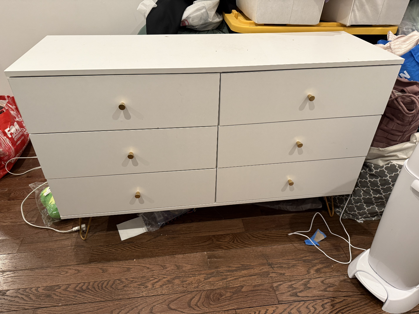 White 6-Drawer Dresser with Gold Knobs