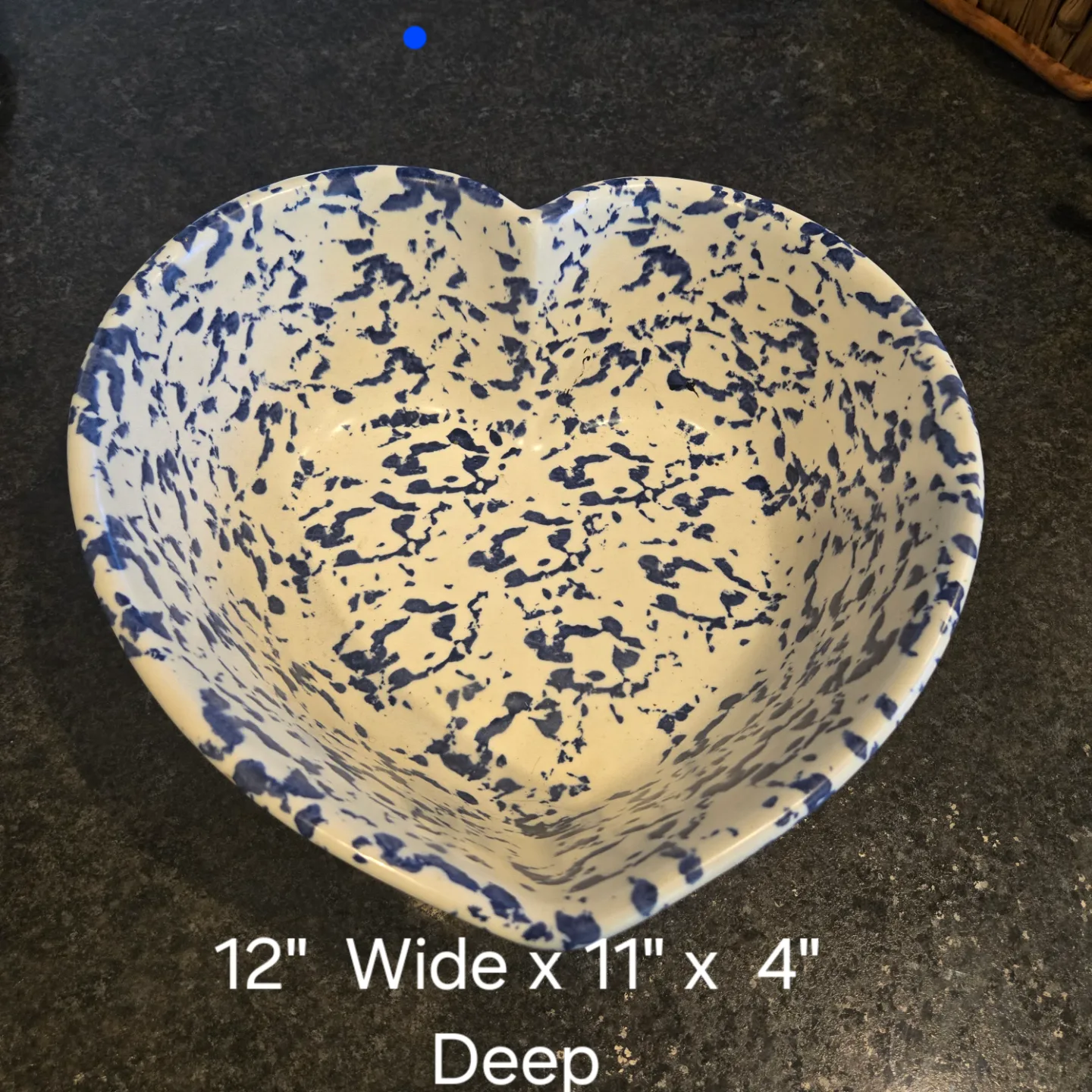 Heart-Shaped Blue and White Spongeware Serving Bowl thumbnail