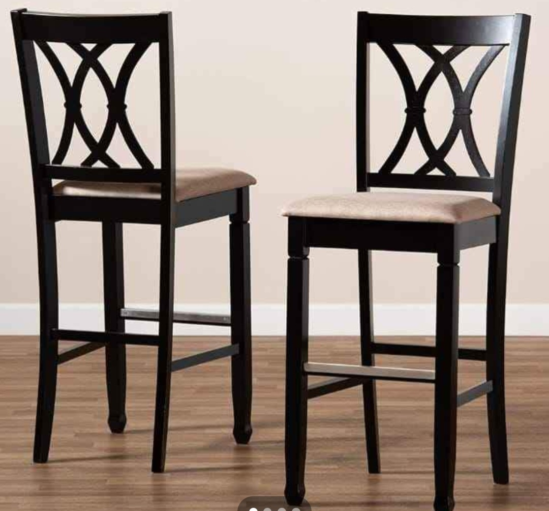 Pair of Dark Brown Bar Stools with Beige Cushions