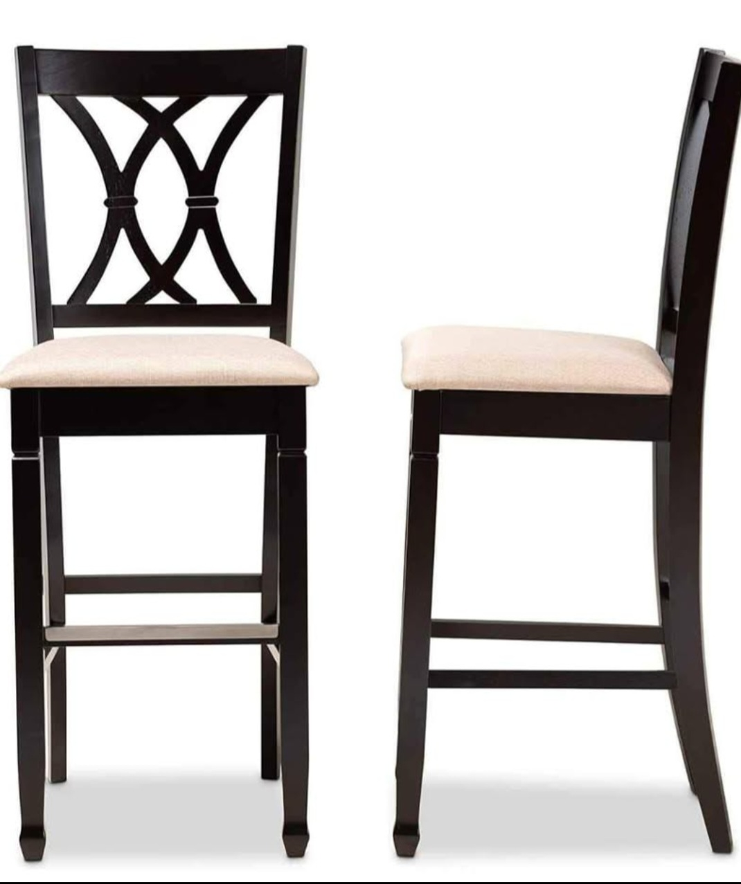 Pair of Dark Brown Bar Stools with Beige Cushions - photo 2