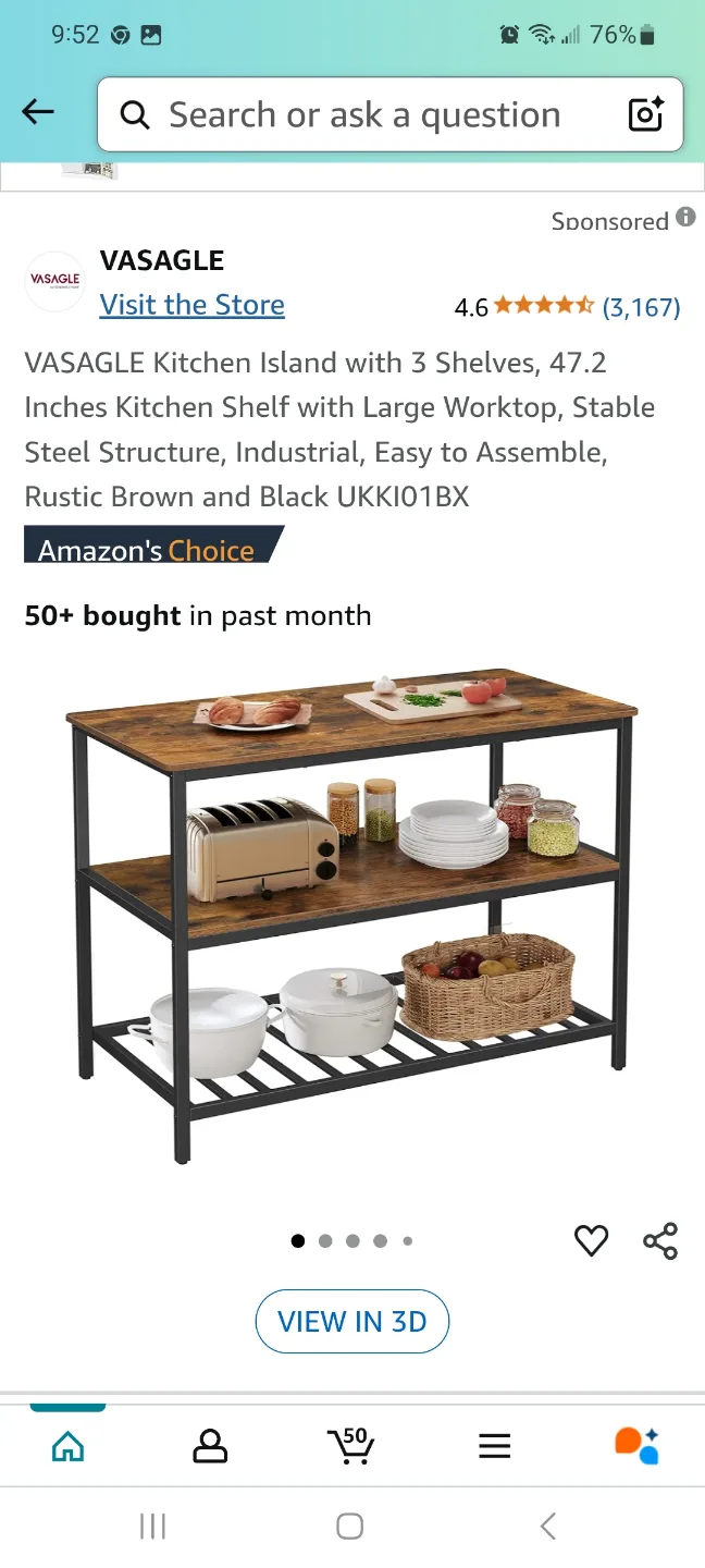 VASAGLE Kitchen Island with 3 Shelves image indicator(3)
