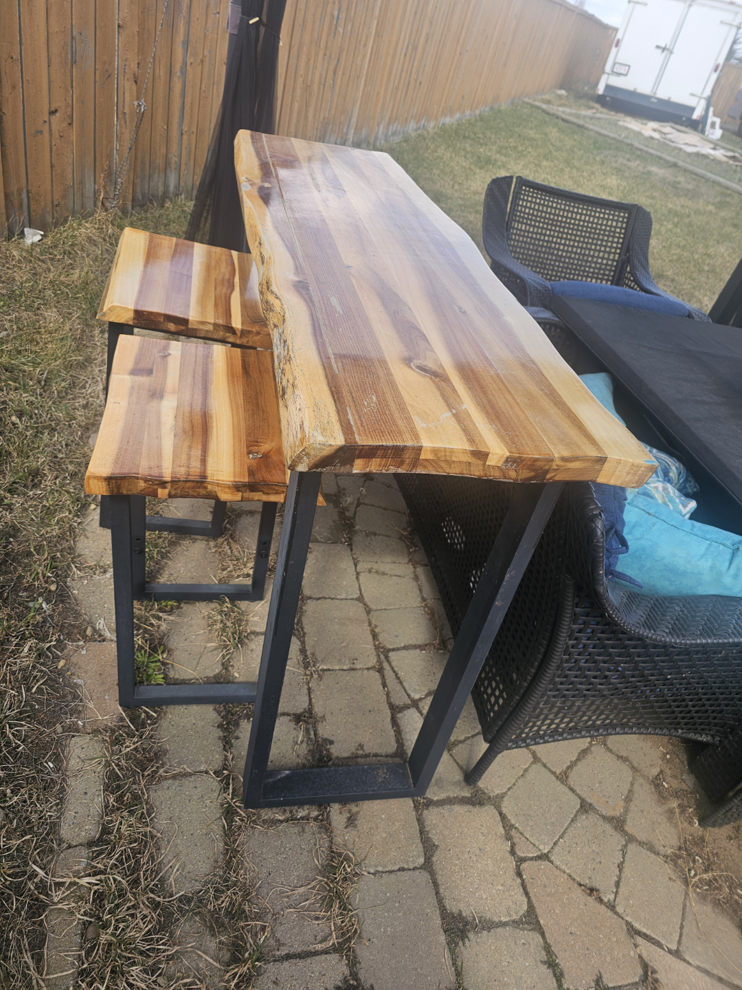 Live Edge Wood Bar Table with Two Stools