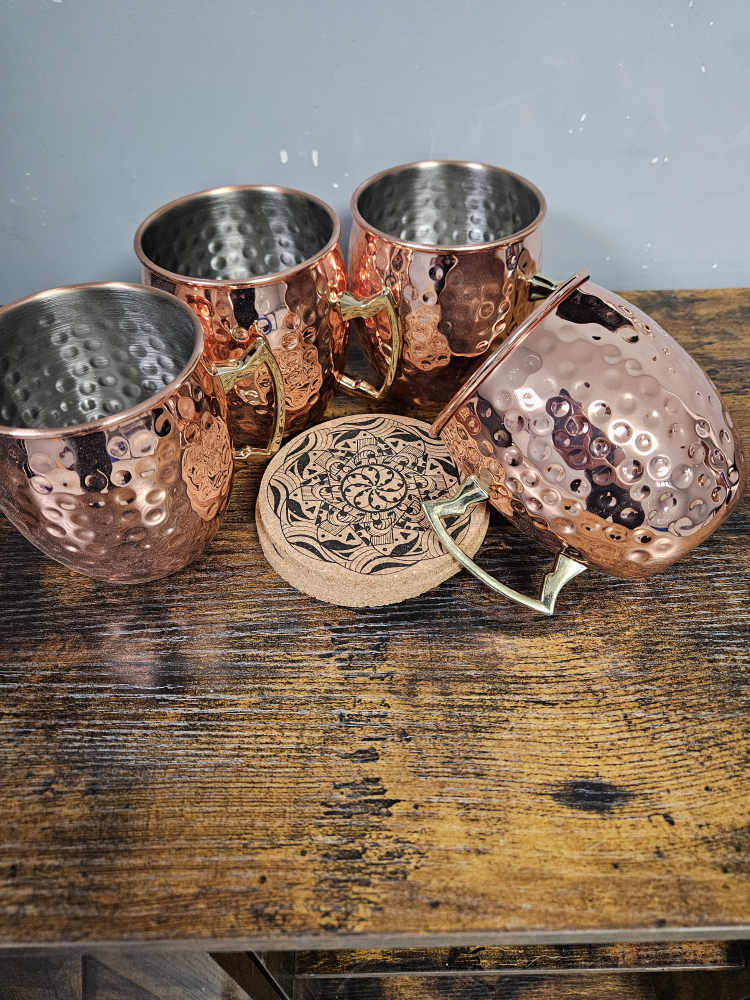 Set of Four Mule Copper Mugs with Coasters