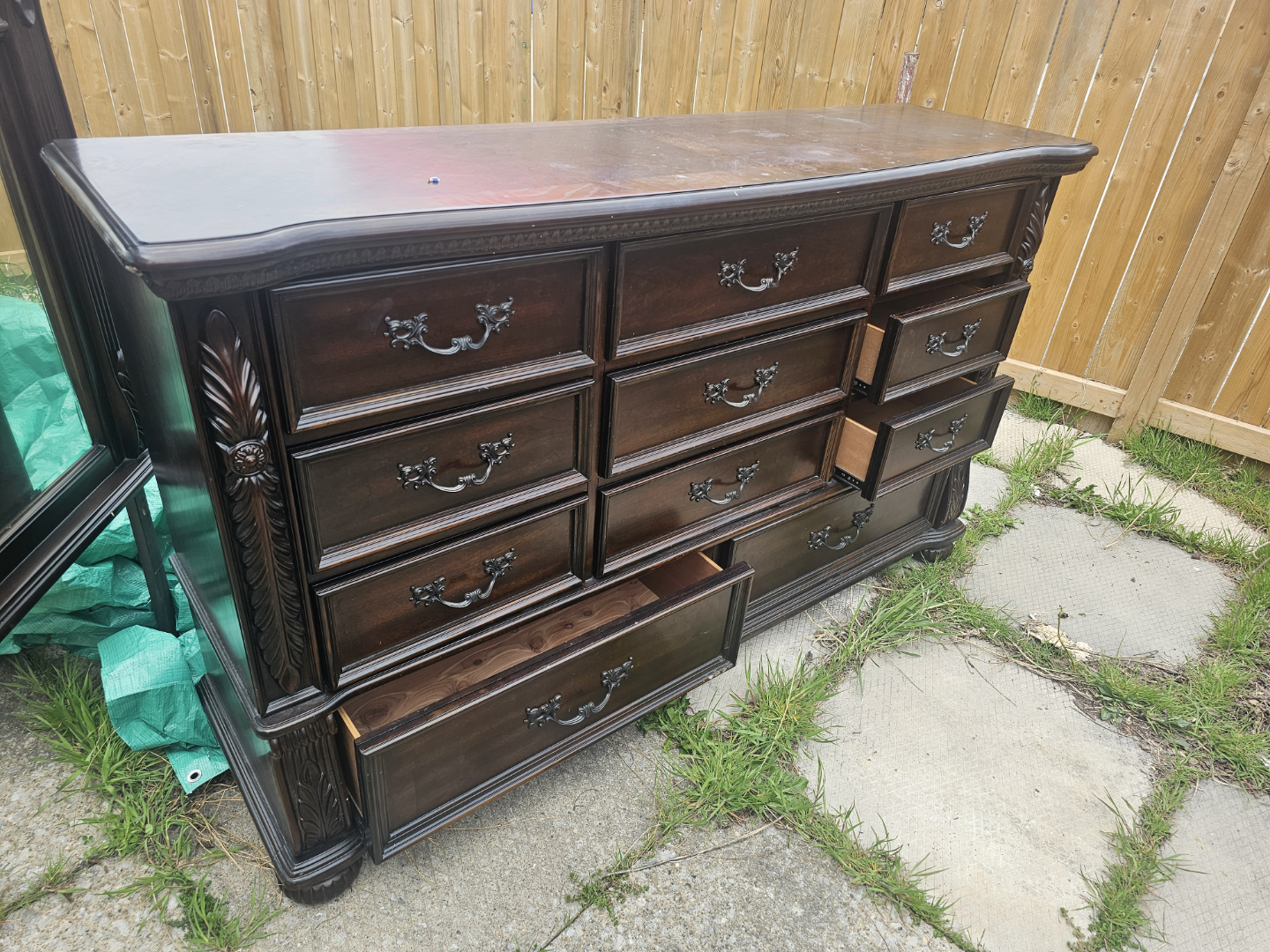 Elegant Dark Wood Bedroom Dresser and Mirror Set