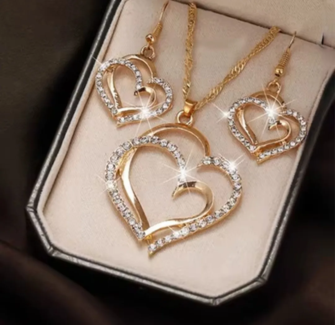 Gold Double Heart Necklace and Earrings Set thumbnail