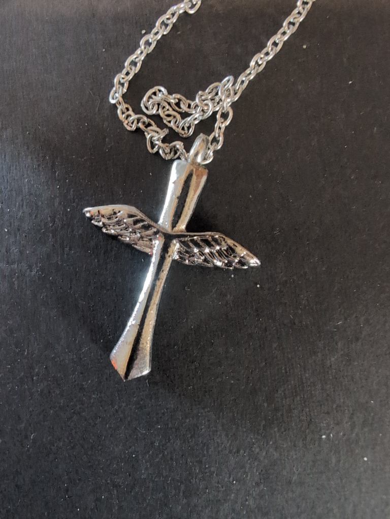 Silver Cross Necklace with wings (Cremation ash Necklace)