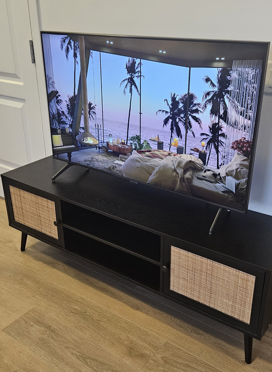 Black TV Stand with Rattan Doors