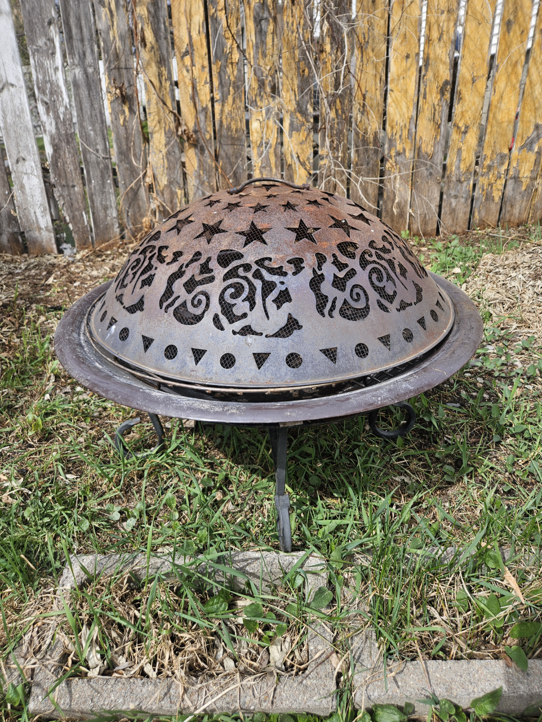 Rustic Metal Fire Pit Cover with Star and Floral Design