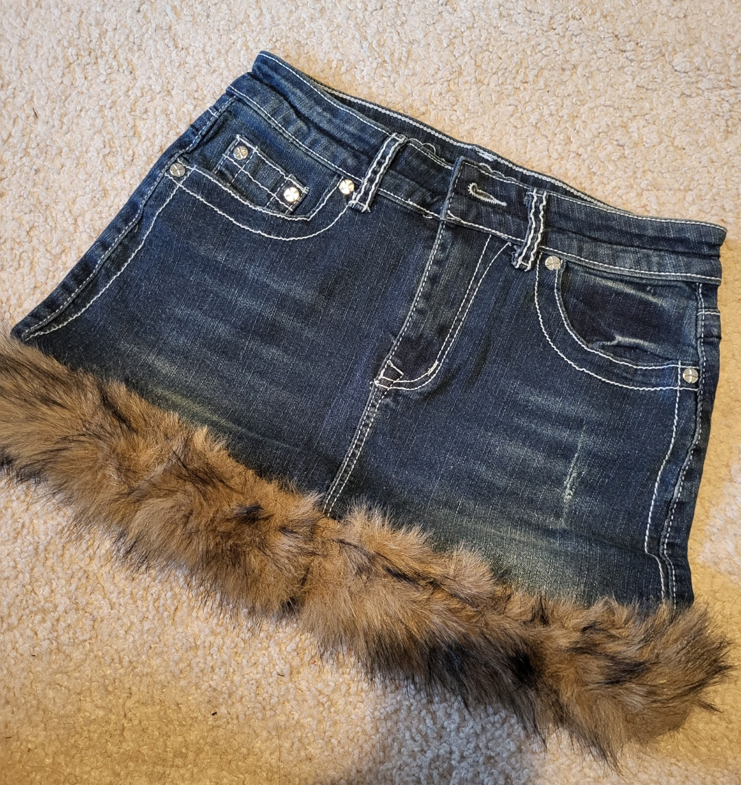 Y2K Miss Me Denim Mini Skirt with Faux Fur Trim - photo 3
