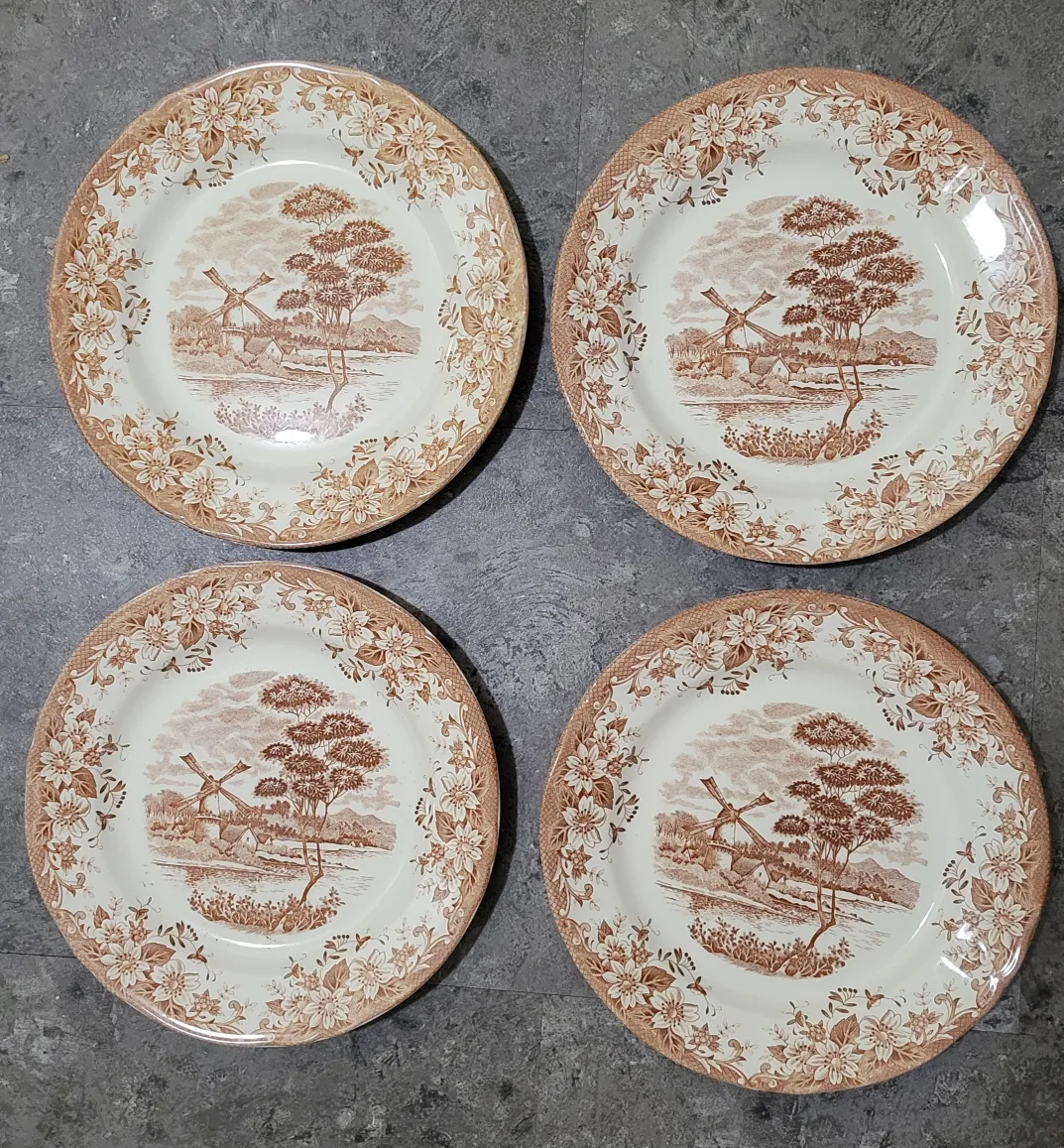 💚Set of Four Vintage Brown Floral Dinner Plates thumbnail