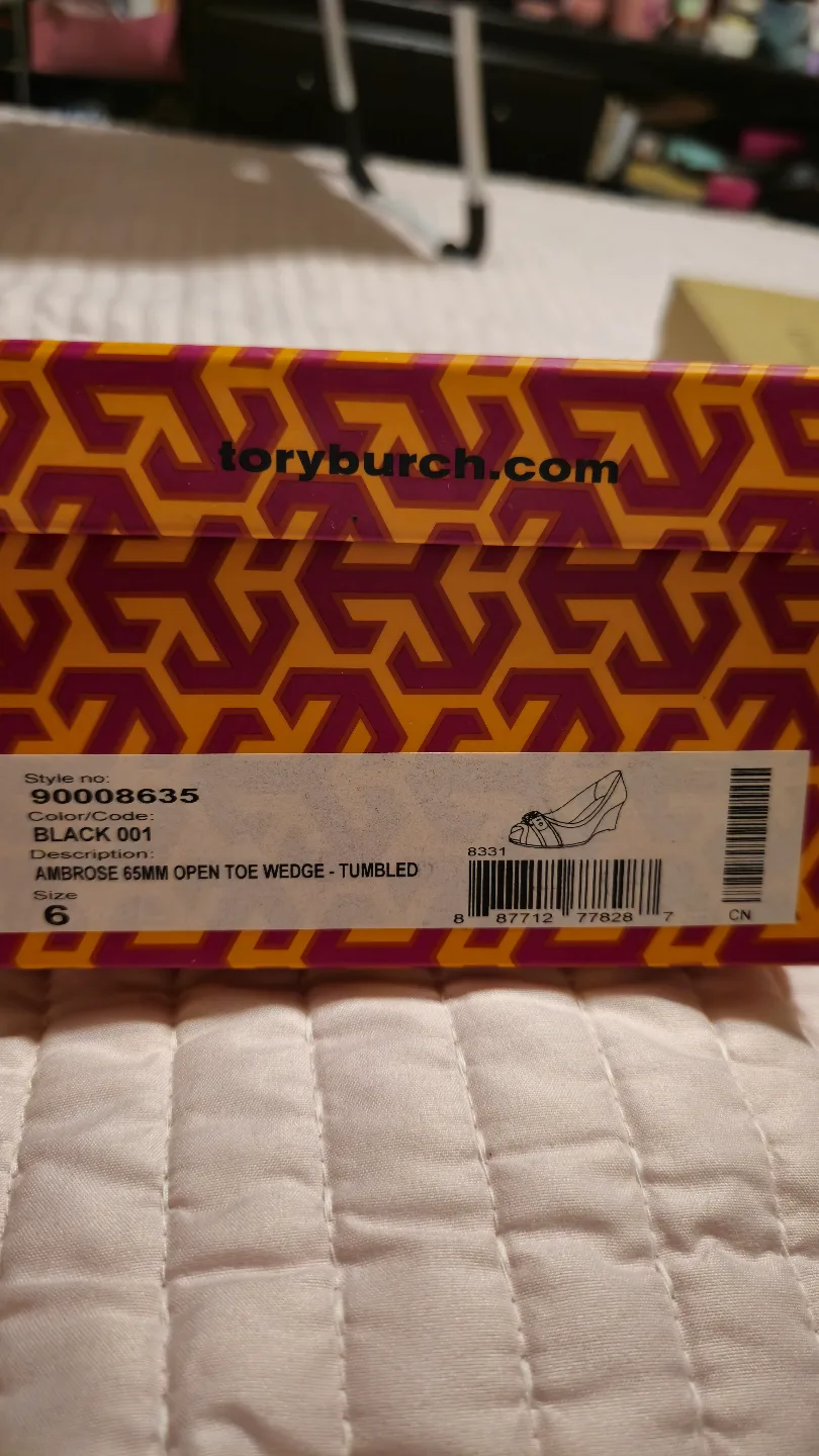 Tory Burch Black Leather Open Toe Wedge Size 6 thumbnail