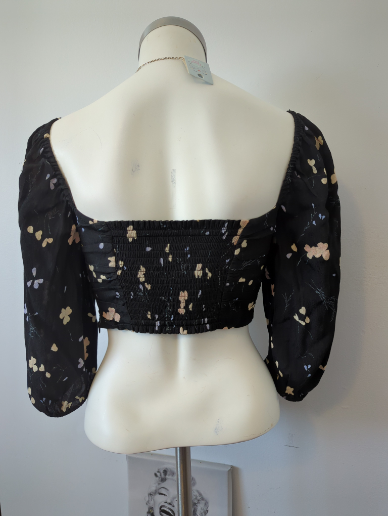 Wilfred Black Floral Puff Sleeve Crop Top - Size Small - photo 3