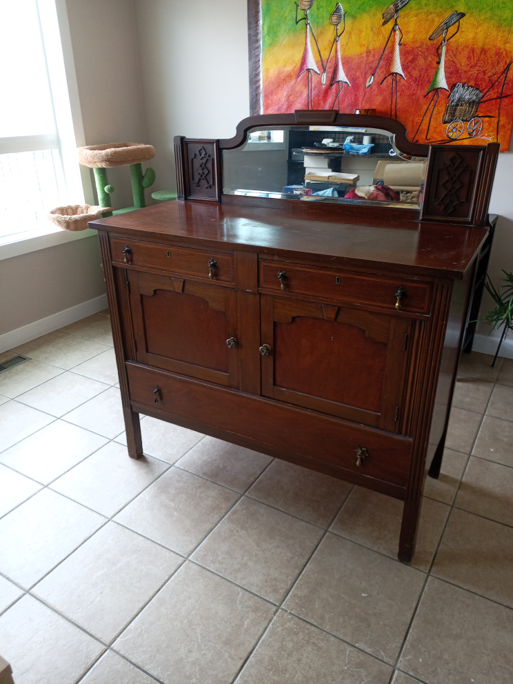 Antique Wooden Buffet Server with Mirror