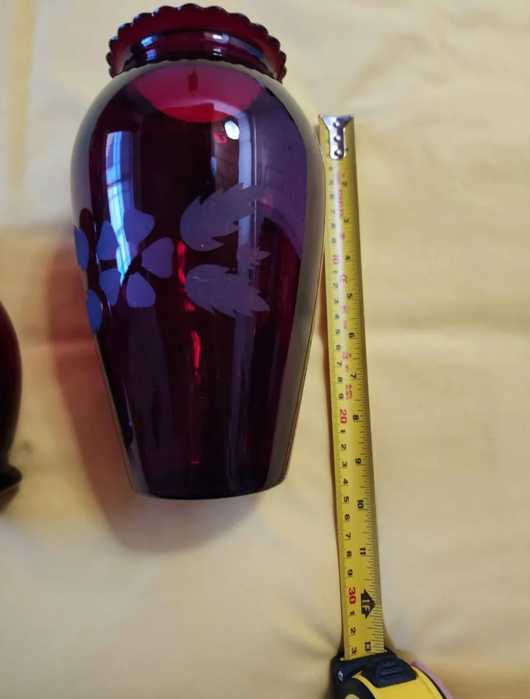 Pair of Vintage Ruby Red glass vases with etched floral design image indicator(4)