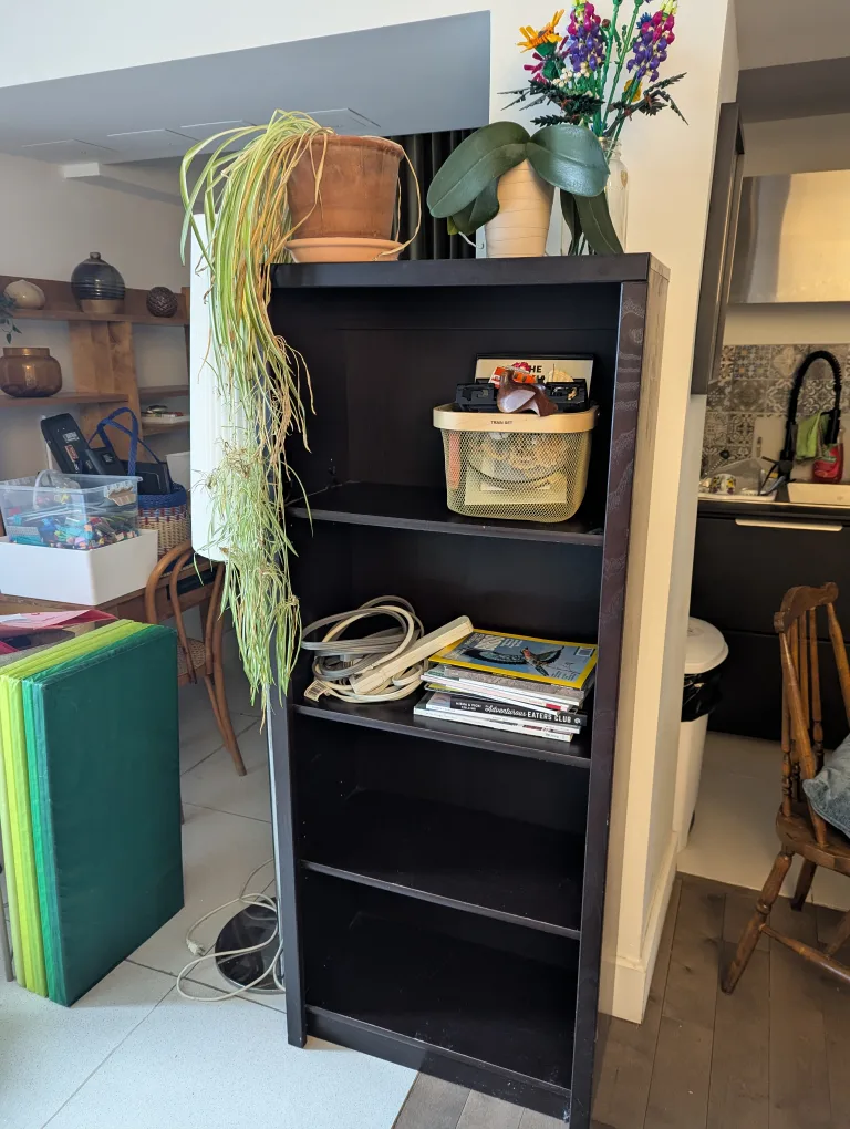 Two dark brown 4-shelf bookcases image indicator(2)