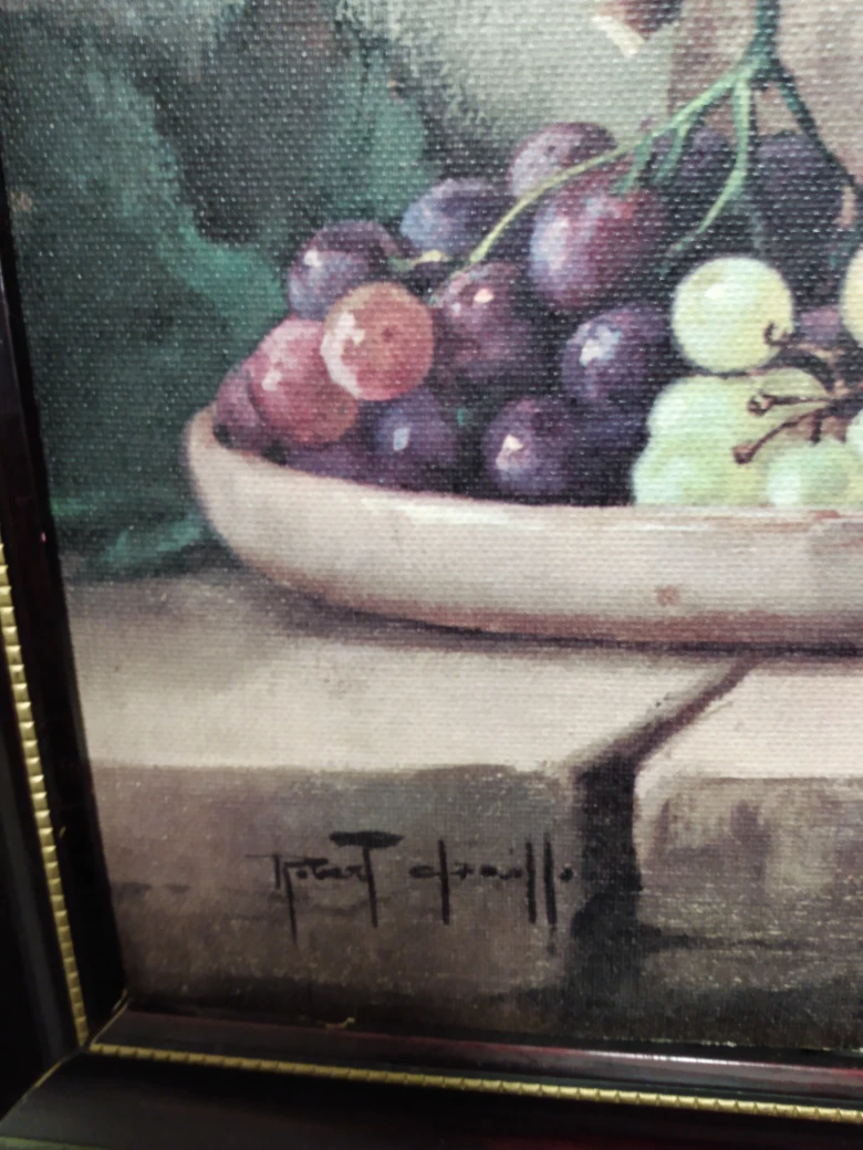 Framed Still Life Painting of Fruit and Pottery