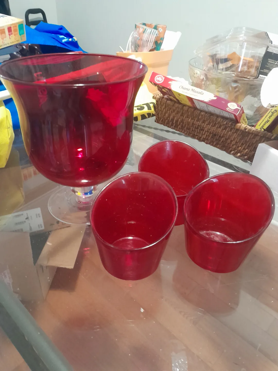 Red Glass Bowl and Three Small Cups thumbnail