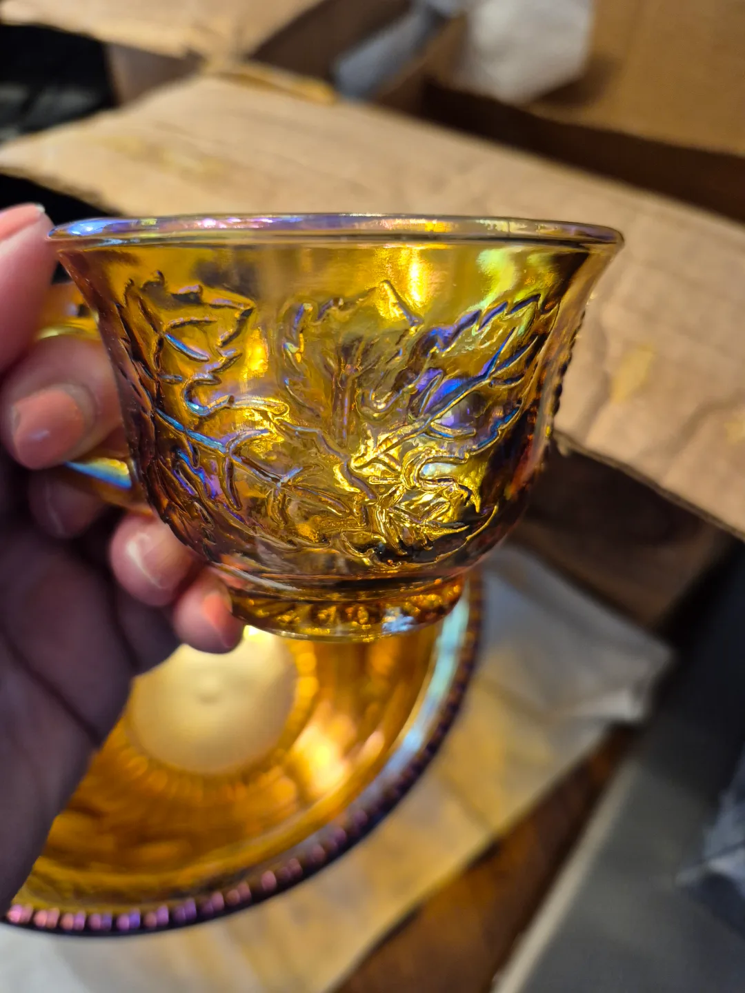 vintage Carnival Glass punch bowl with 12 cups image indicator(3)