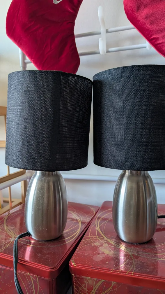Pair of Brushed Stainless Steel Table Lamps with Black Shades image indicator(2)
