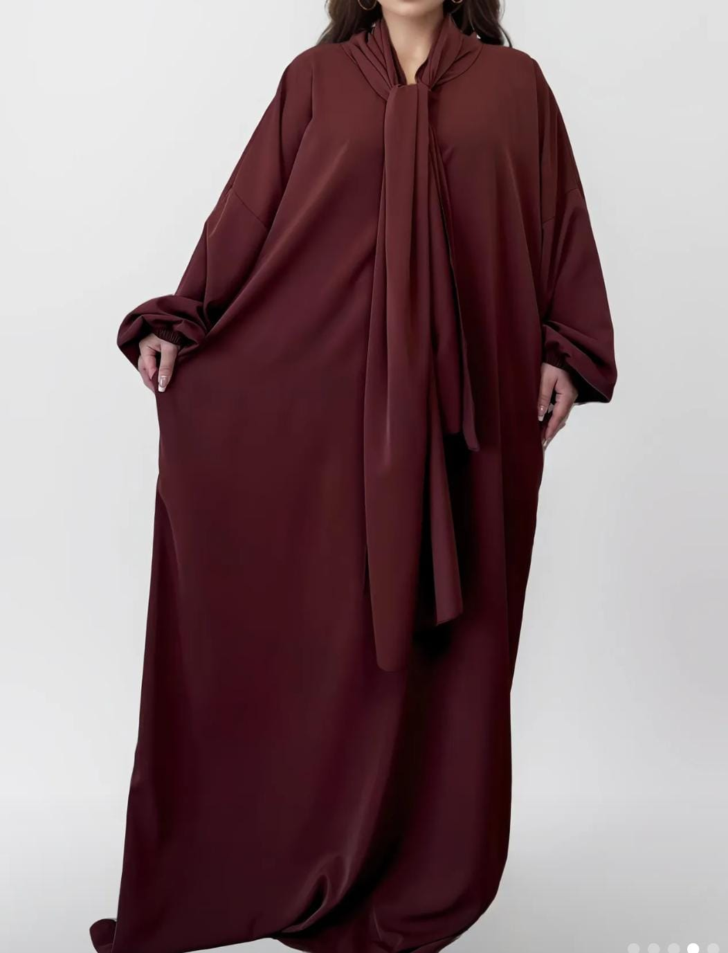 Elegant Maroon Maxi Dress with Tie Neck