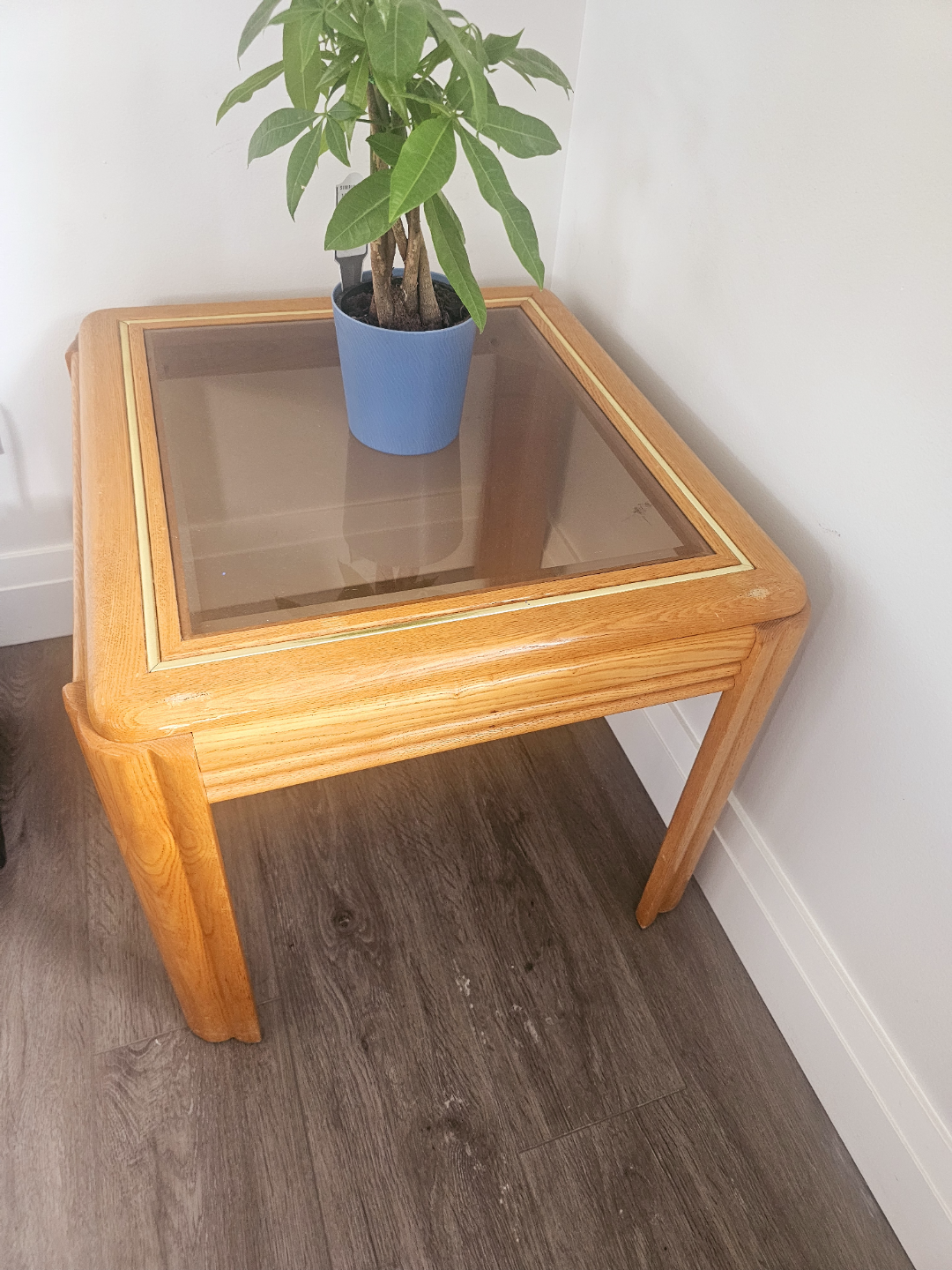 Vintage Oak Wood End Table with Glass Top