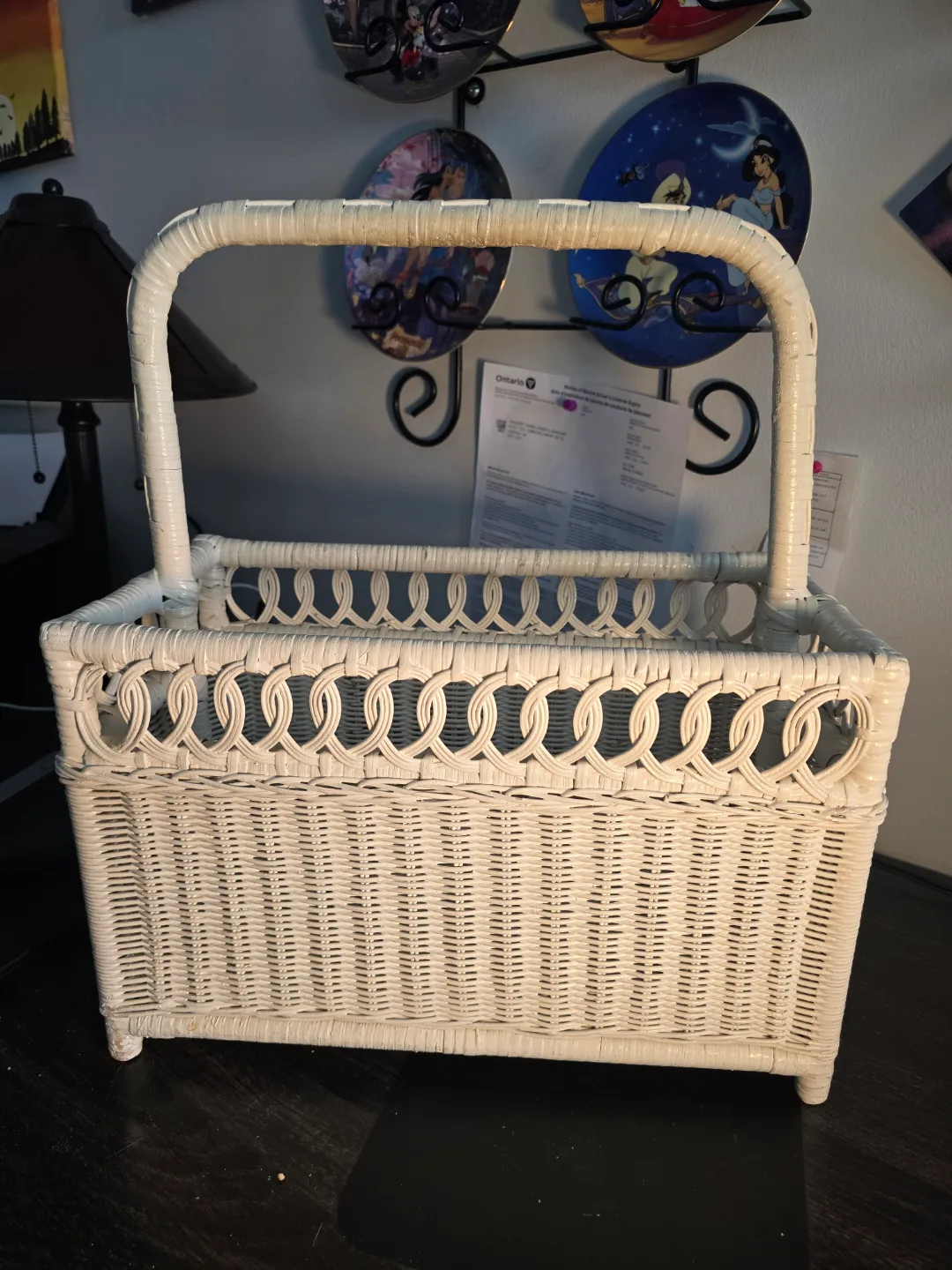 White Wicker Magazine/Newspaper Holder with Handle thumbnail