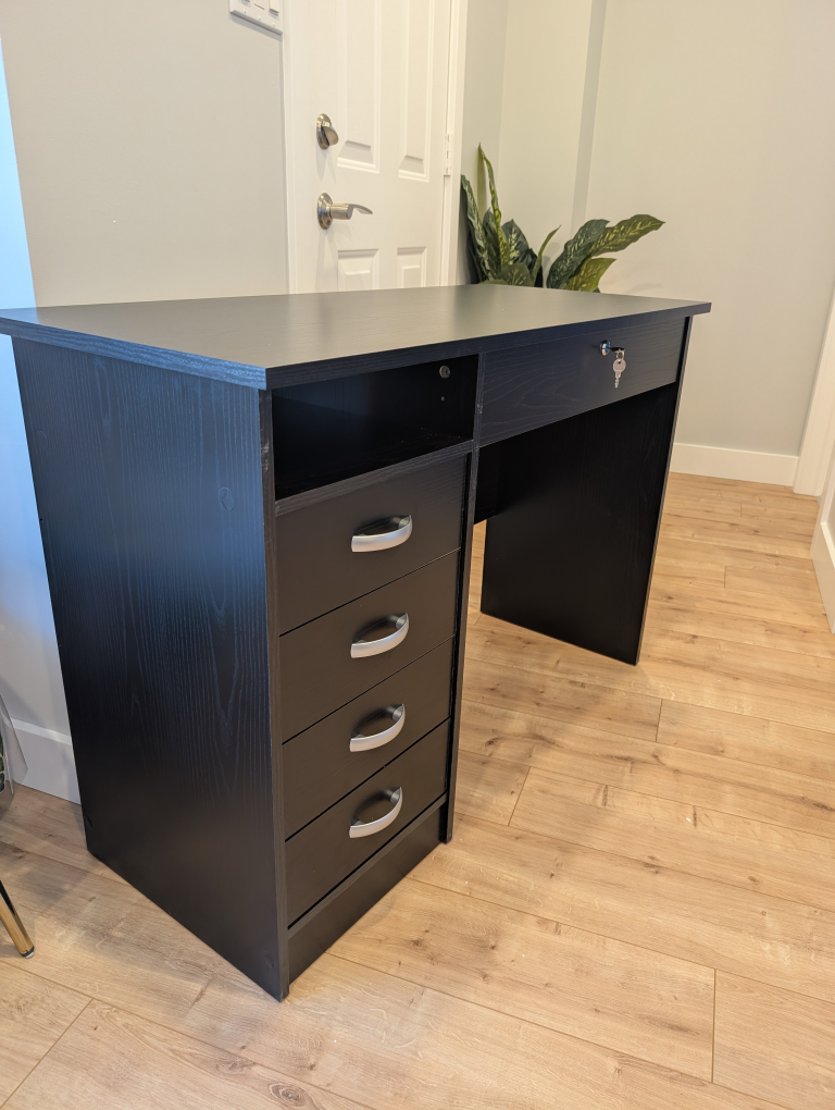 Brand New Black woodgrain Desk with 5 drawers