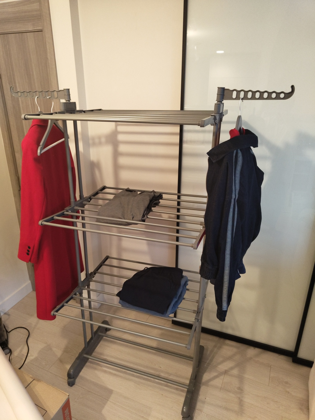 Three-tier clothes drying rack with hanging rail
