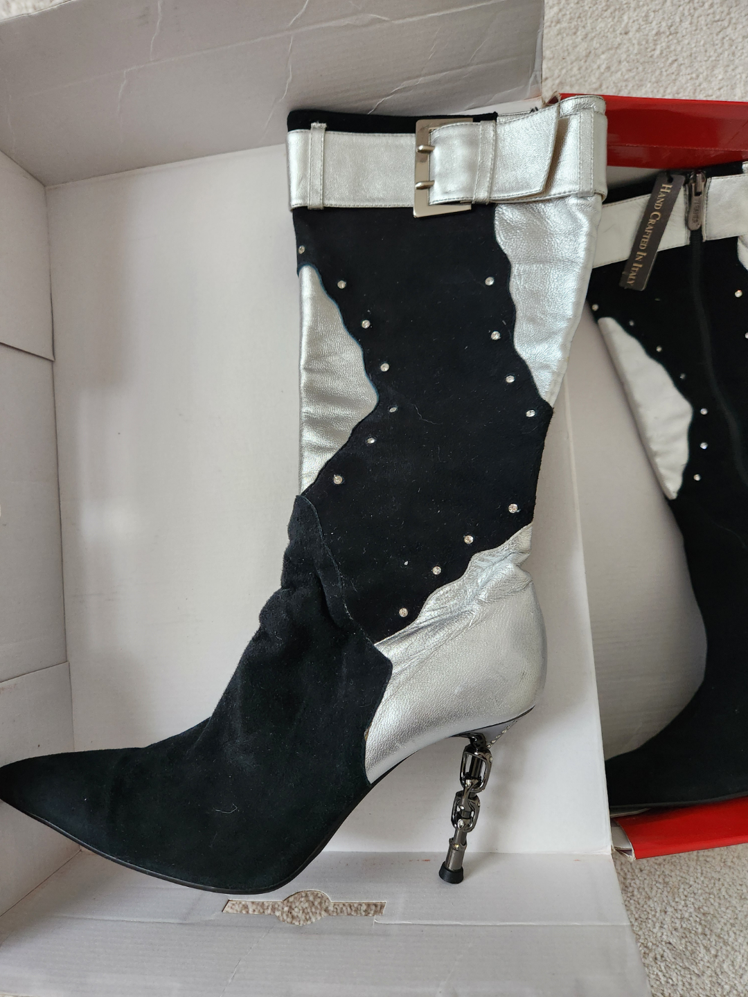 Black and Silver Italian Boots with Unique Heel
